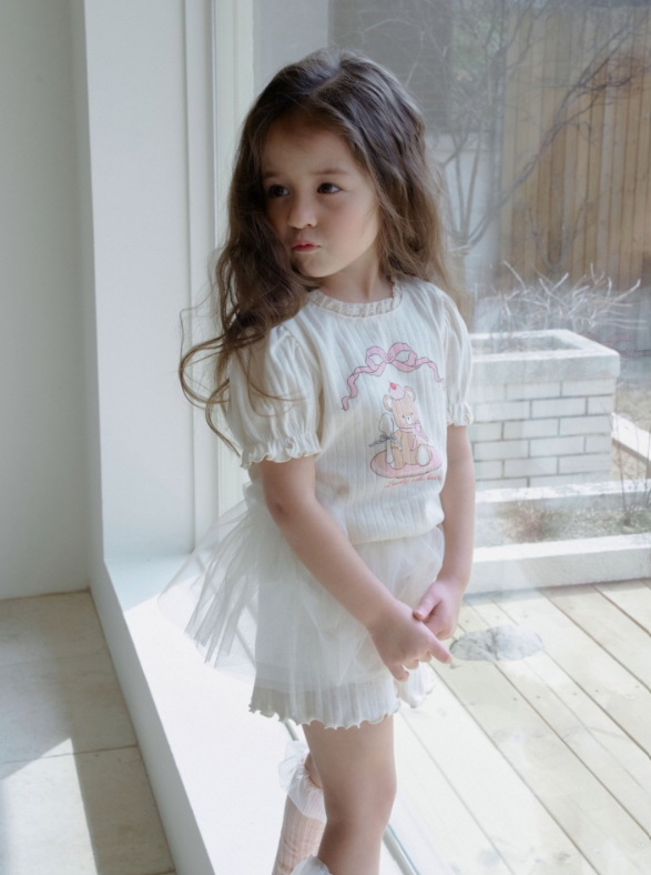 [K-Premium] Lace-Trimmed Puff Sleeve Set