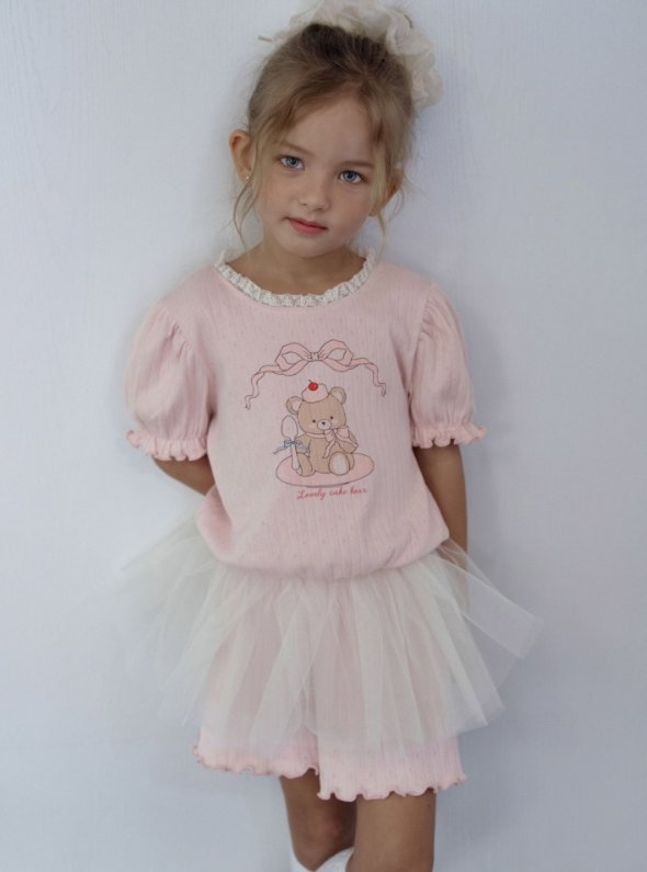 [K-Premium] Lace-Trimmed Puff Sleeve Set