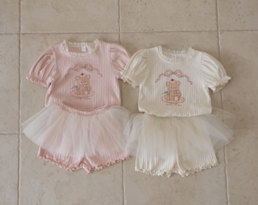 [K-Premium] Lace-Trimmed Puff Sleeve Set