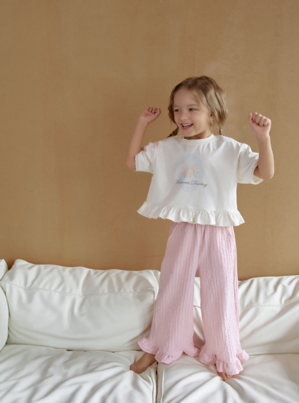 [K-Premium] Lace Sleeve &amp; Waist Ruffle T-Shirt