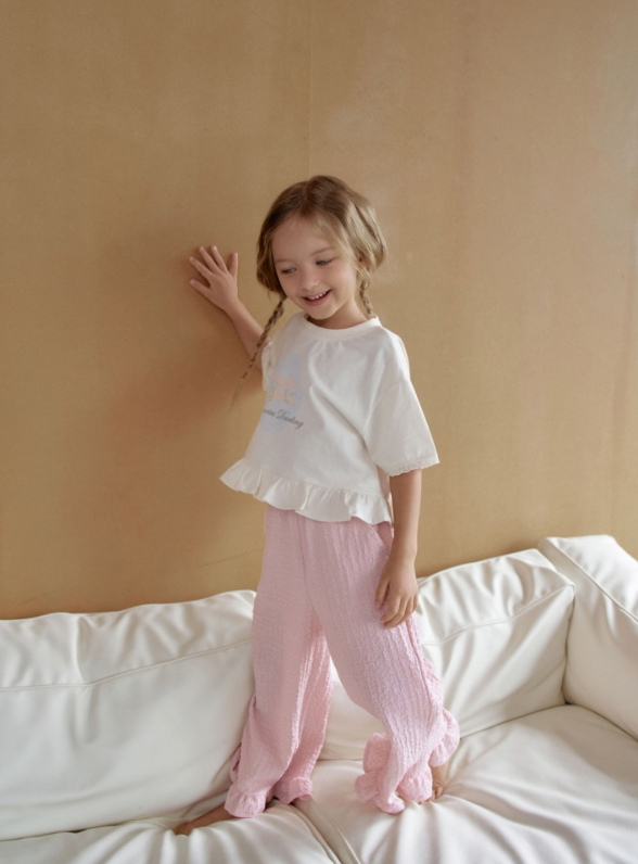 [K-Premium] Lace Sleeve &amp; Waist Ruffle T-Shirt