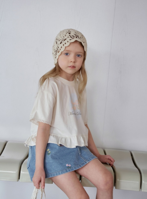 [K-Premium] Lace Sleeve &amp; Waist Ruffle T-Shirt