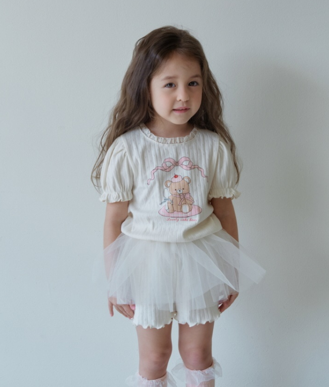[K-Premium] Lace-Trimmed Puff Sleeve Set